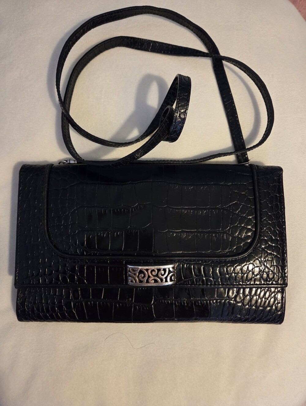 Brighton Black Croc-Embossed Crossbody Bag with Silver Accent